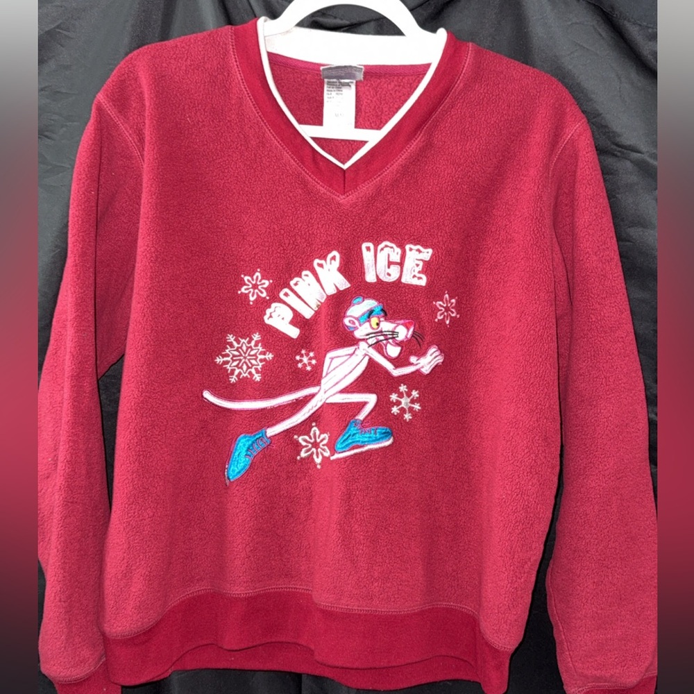 Pink panther embroidered Red Sweater Womens size medium rare